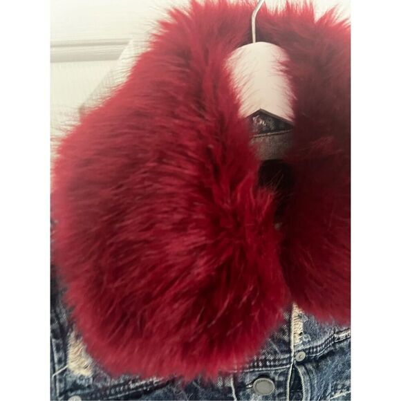 Blank NYC Dark Red Fur Trimmed Distressed Denim Jacket sz XS NWOT - Picture 6 of 9